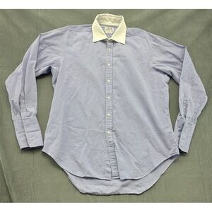 TM Lewin Mens Blue Gingham Check Contrast Collar Dress Shirt 17 34.5 Regular Fit